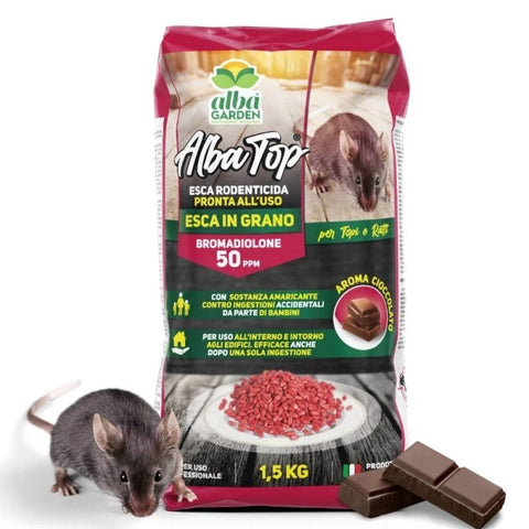 Esca Topicida Elimina Topi e Ratti in Grano Rosso Ratticida Bromadiolone 1,5 Kg