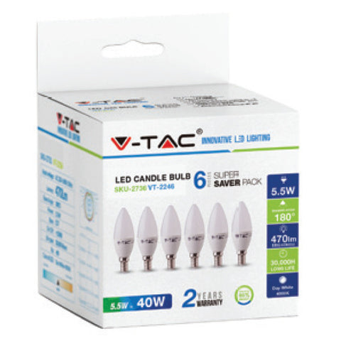 KIT Super Saver Pack V-TAC VT-2246 6PCS/PACK Lampadine LED candela SMD 5,5W E14 bianco freddo 6400K - SKU 2738
